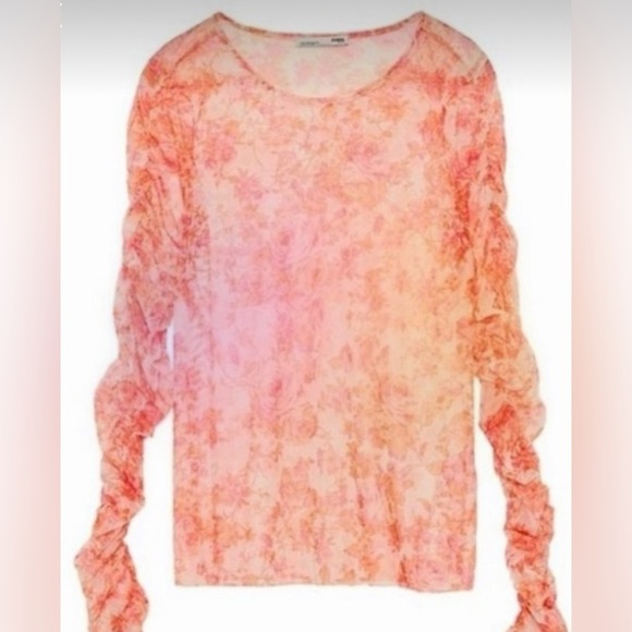 Zara Sheer Mesh Red Orange Pink Floral Long Sleeve Top Medium - Picture 4 of 9